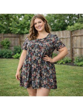 Loft Plus Womens Floral Print Short Smocked Ruffle Sleeve Dress Size 14 Boho